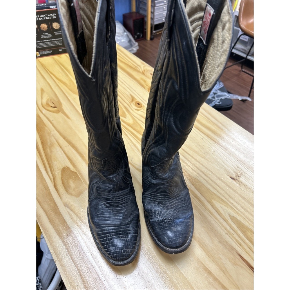 RUDEL Black Leather Pointed Toe Cowboy Western Boots Men 8.5  Vtg Lizard Stacked